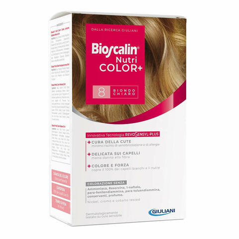 Bioscalin nutricolor plus 8 biondo chiaro crema colorante 40ml + rivelatore crema 60ml + shampoo 12ml + trattamento finale balsamo 12ml