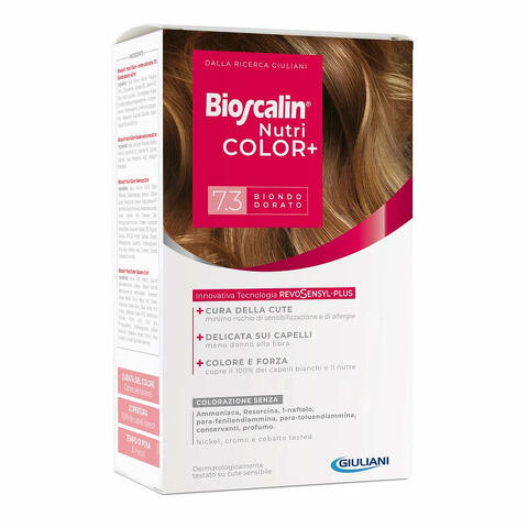 Bioscalin nutricolor plus 7,3 biondo dorato crema colorante 40ml + rivelatore crema 60ml + shampoo 12ml + trattamento finale balsamo 12ml