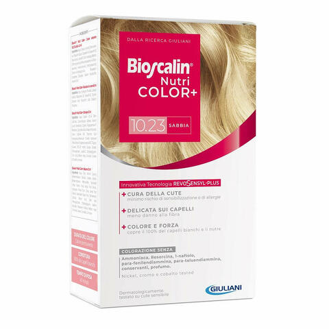 Bioscalin nutricolor plus 10,23 sabbia crema colorante 40ml + rivelatore crema 60ml + shampoo 12ml + trattamento finale balsamo 12ml