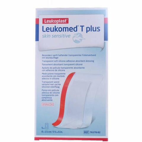 Leukomed t plus skin sensitive medicazione post-operatoria trasparente impermeabile con massa adesiva al silicone 8x15cm 5 pezzi