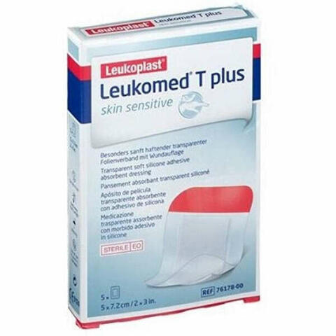 Leukomed t plus skin sensitive medicazione post-operatoria trasparente impermeabile con massa adesiva al silicone 5x7,2cm 5 pezzi