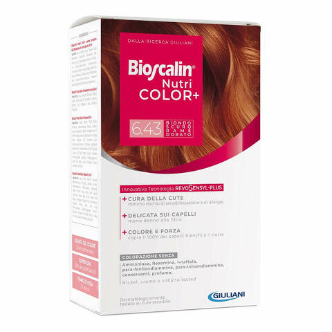 Bioscalin nutricolor plus 6,43 biondo scuro rame dorato crema colorante 40ml + rivelatore crema 60ml + shampoo 12ml + trattamento finale balsamo 12ml