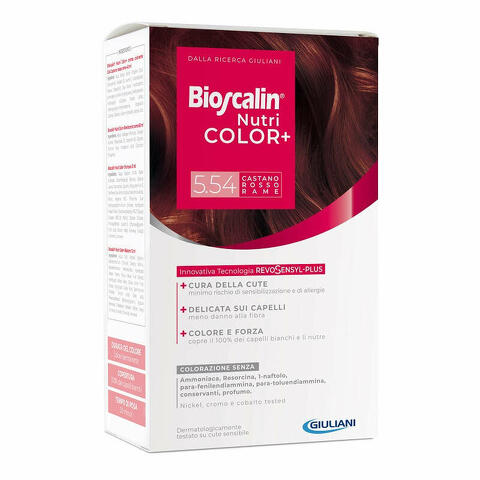 Bioscalin nutricolor plus 5,54 castano rosso rame crema colorante 40ml + rivelatore crema 60ml + shampoo 12ml + trattamento finale balsamo 12ml