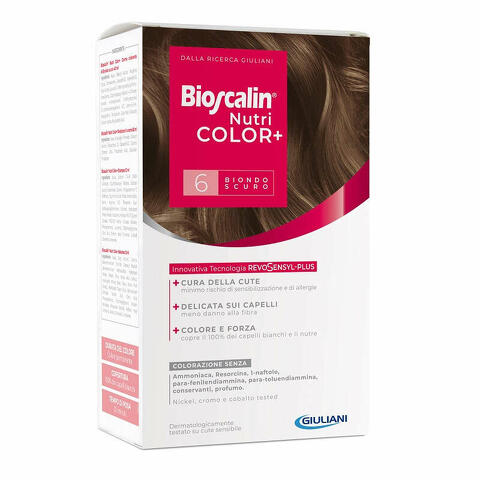 Bioscalin nutricolor plus 6 biondo scuro crema colorante 40ml + rivelatore crema 60ml + shampoo 12ml + trattamento finale balsamo 12ml