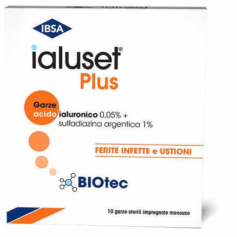 Garza ialuset plus impregnata di crema di acido ialuronico 0,05%, di sulfadiazina argentica 1%, macrogol, glicerolo e acqua 10 x 10 cm 10 pezzi